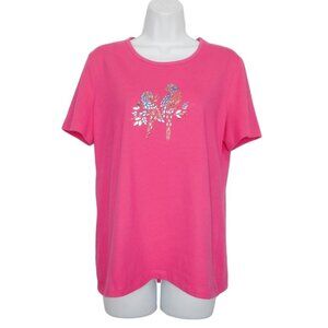 Coral Bay Top PM Pink Cotton Blend Short Sleeve Embellished Birds Casual Tee